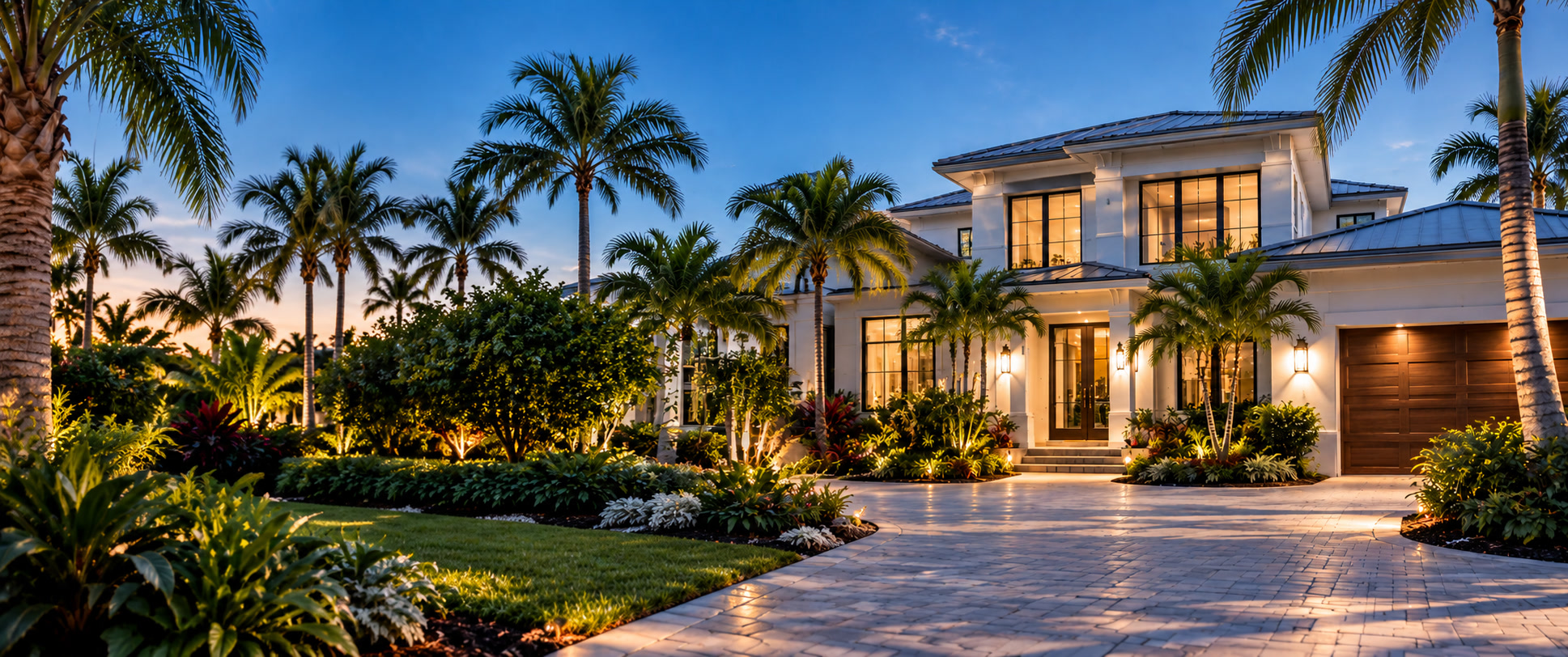Upscale two-story coastal home with a cream exterior, dark roof, black-framed windows, and palms