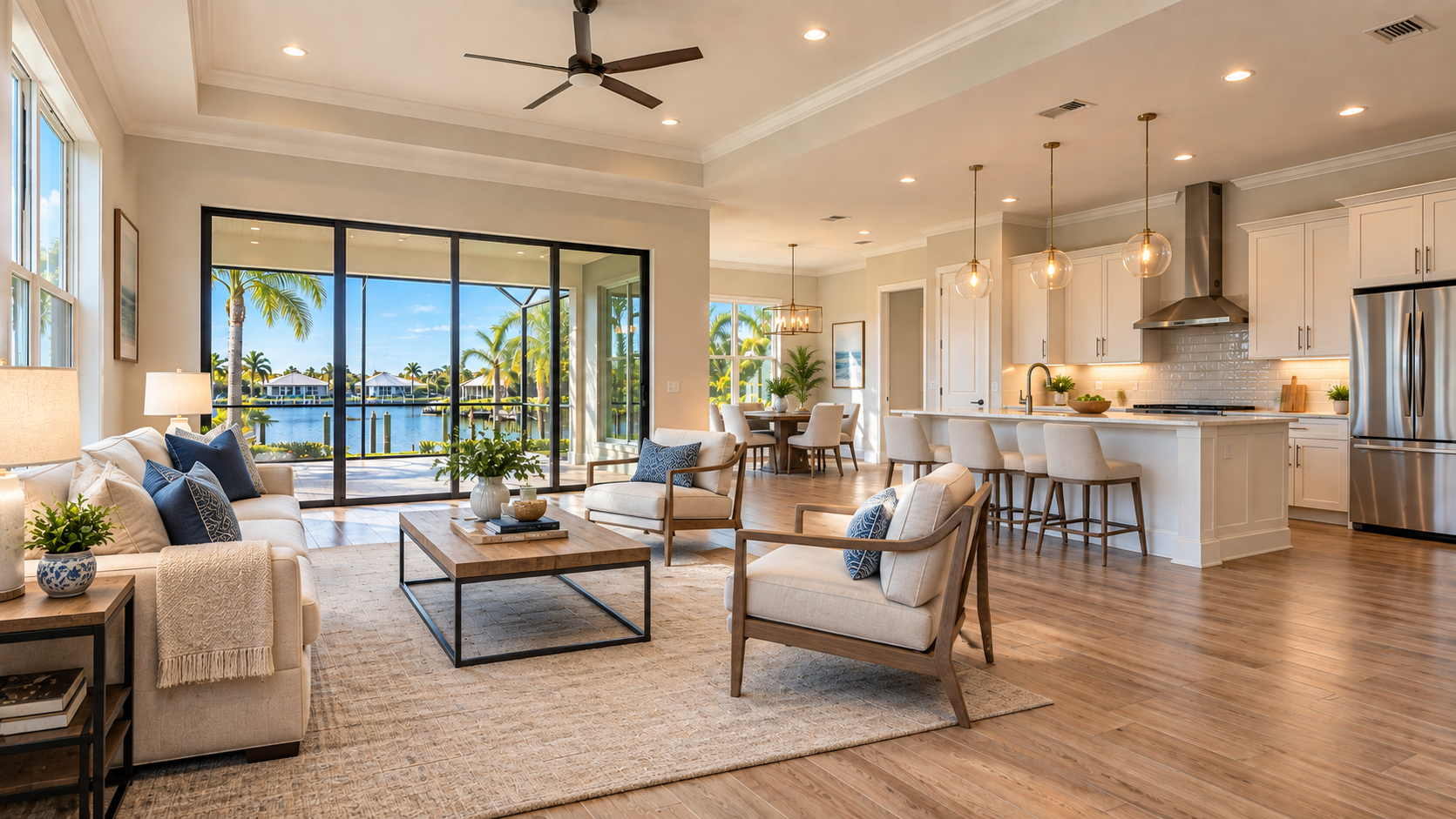 Furnished staged waterfront great-room in bright daylight — marketed stage