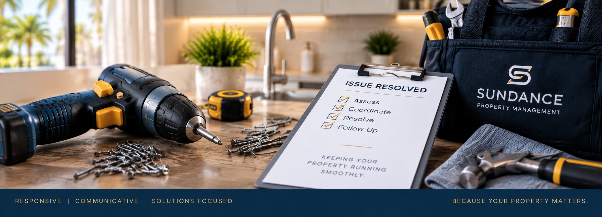 Property maintenance and issue-resolution workspace illustrating assessment, coordination, resolution and follow-up.