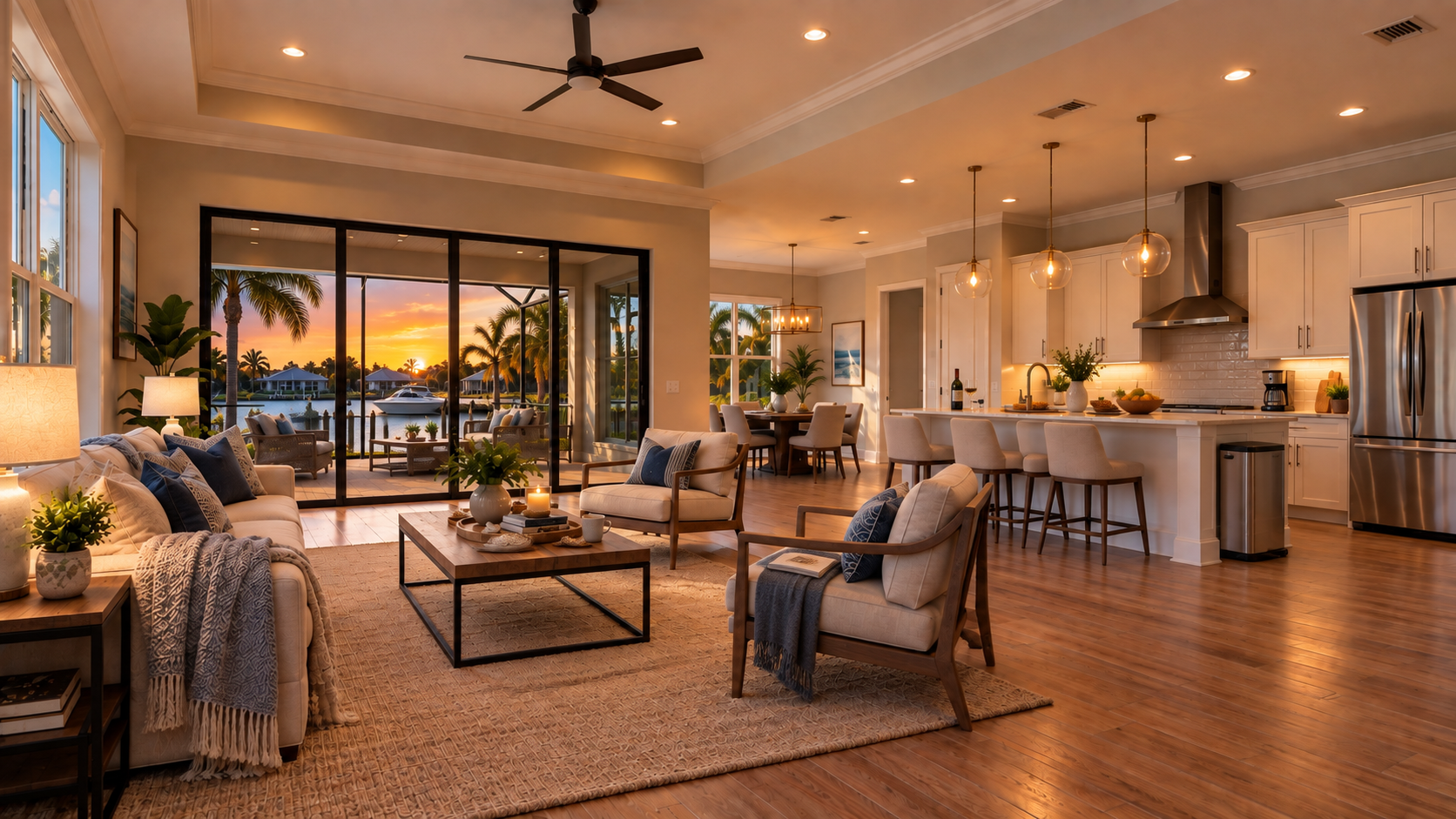 Warm lived-in waterfront great-room at sunset with throws and books — no people