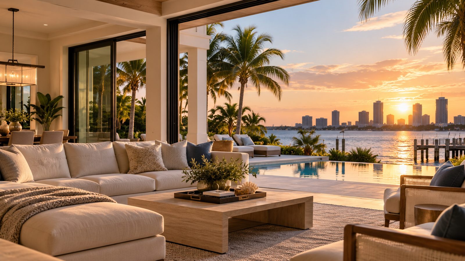 Waterfront living room with seating and windows looking onto the water