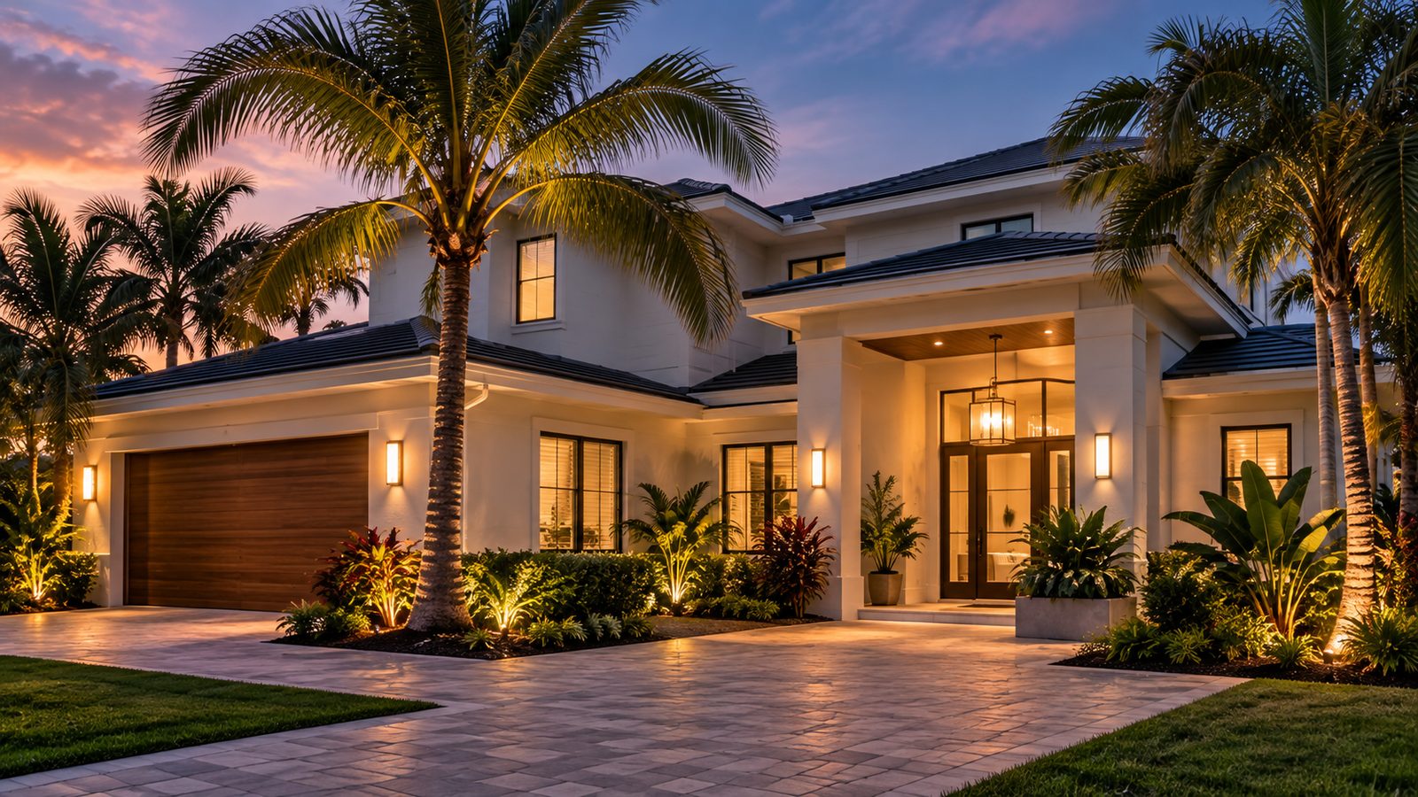 House exterior at dusk with warm lights and palm trees