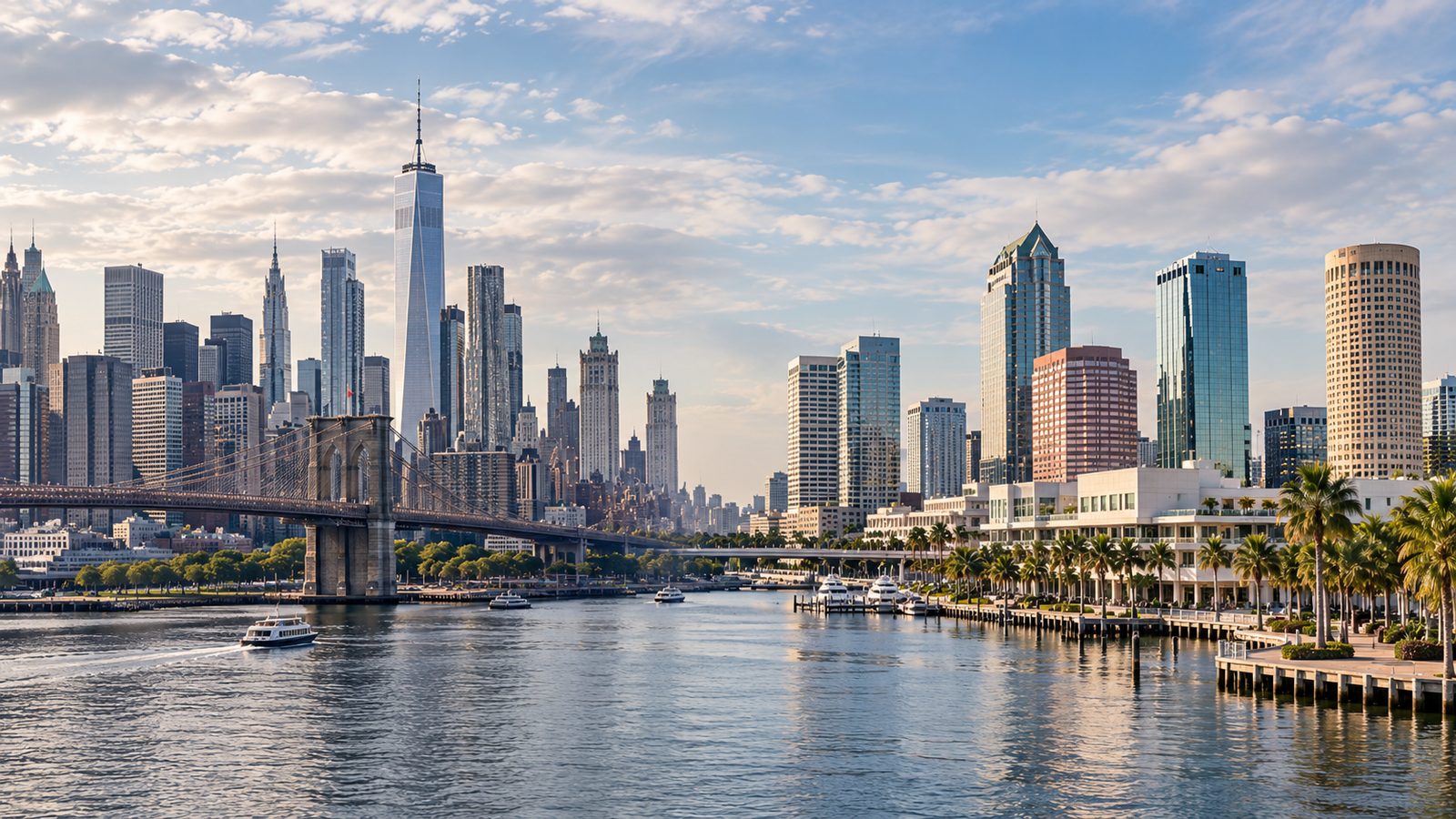 Daytime view joining the New York skyline and the Tampa waterfront